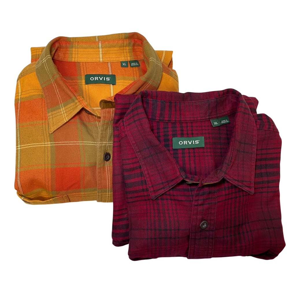 Orvis Perfect Flannel Shirt Lot of 2 Mens XL Red Black Orange Olive Plaid Cotton